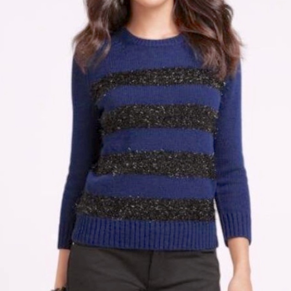 Ann Taylor Cashmere Wool Blend Blue and Sparkly Black Striped Sweater